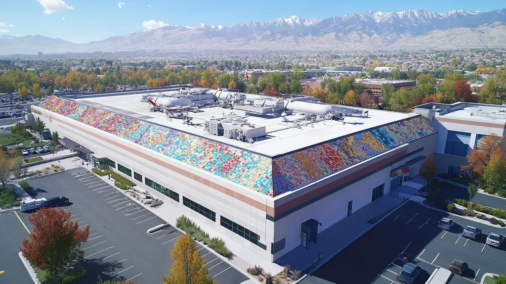 A commercial roof on a hospital in a location similar to Salt Lake City with a mosaic tile art aesthetic (AI image)