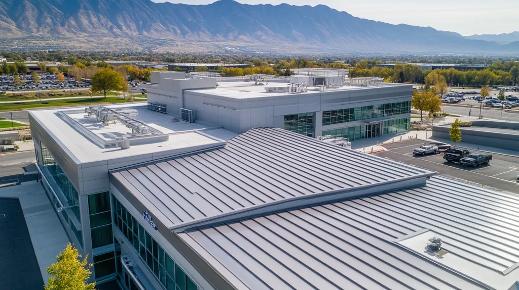 A commercial roof on a hospital in a location similar to Salt Lake City with a stainless steel aesthetic (AI image)