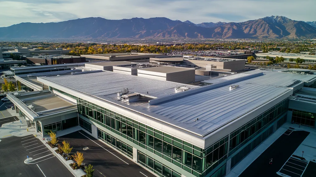 A commercial roof on a hospital in a location similar to Salt Lake City with a stainless steel aesthetic (AI image)