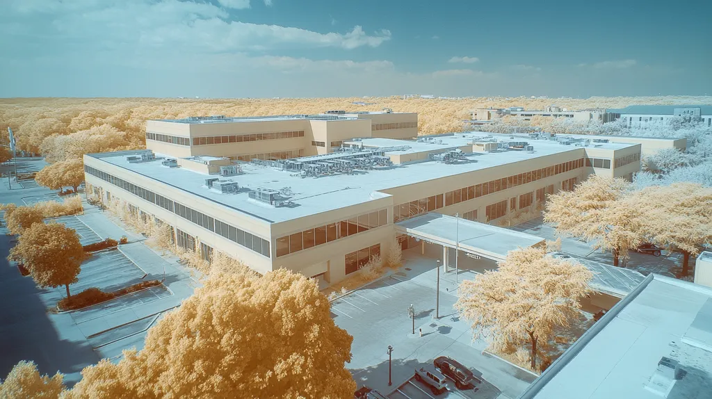 A commercial roof on a hospital in a location similar to San Antonio with an infrared photography aesthetic (AI image)