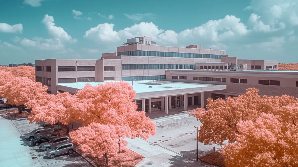 A commercial roof on a hospital in a location similar to San Antonio with an infrared photography aesthetic (AI image)