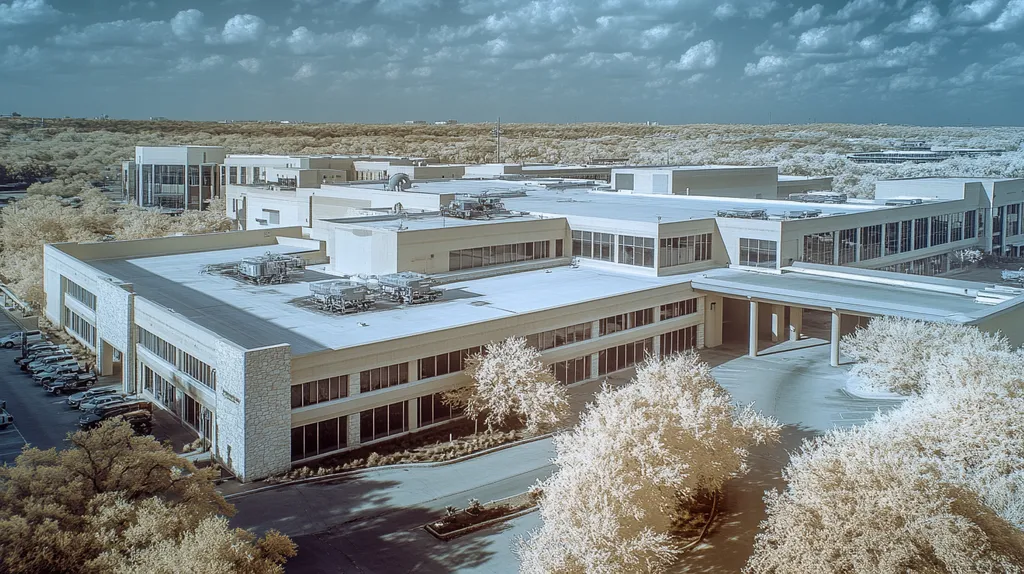 A commercial roof on a hospital in a location similar to San Antonio with an infrared photography aesthetic (AI image)