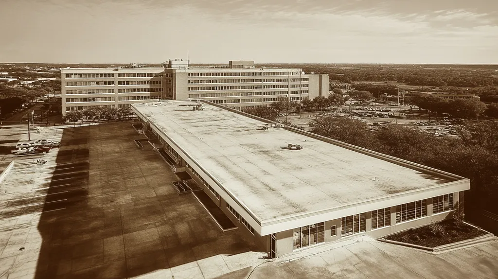 A commercial roof on a hospital in a location similar to San Antonio with a tintype aesthetic (AI image)