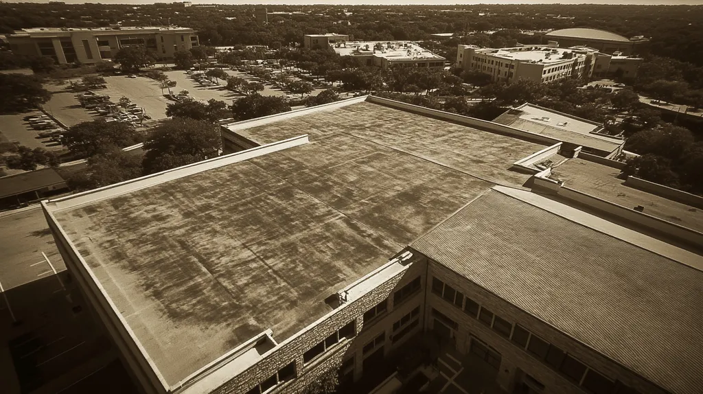 A commercial roof on a hospital in a location similar to San Antonio with a tintype aesthetic (AI image)