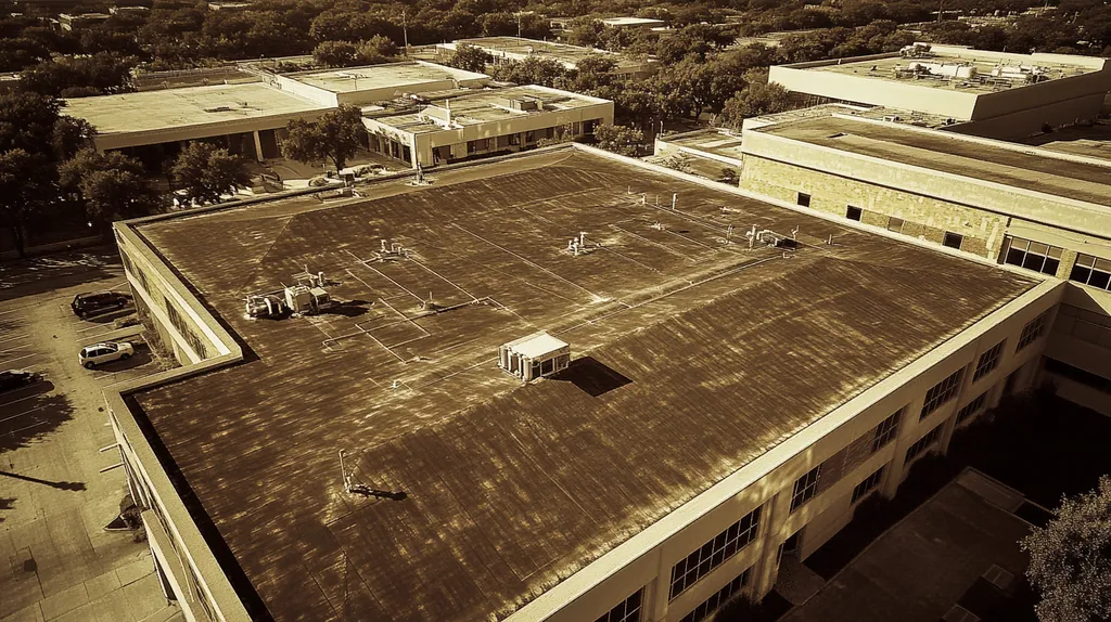 A commercial roof on a hospital in a location similar to San Antonio with a tintype aesthetic (AI image)