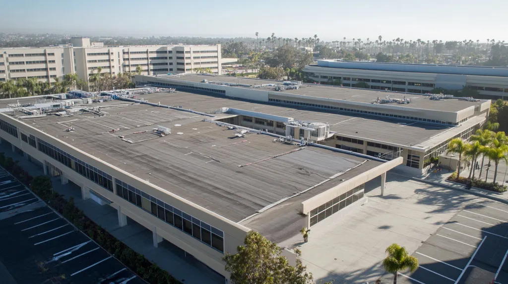 A commercial roof on a hospital in a location similar to San Diego with a color highlight aesthetic (AI image)