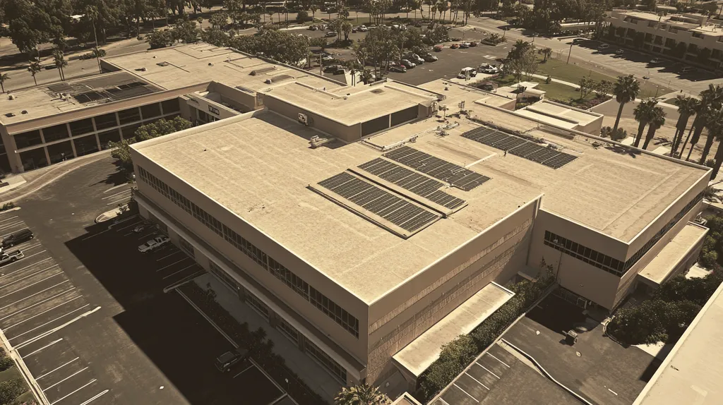A commercial roof on a hospital in a location similar to San Diego with a color highlight aesthetic (AI image)