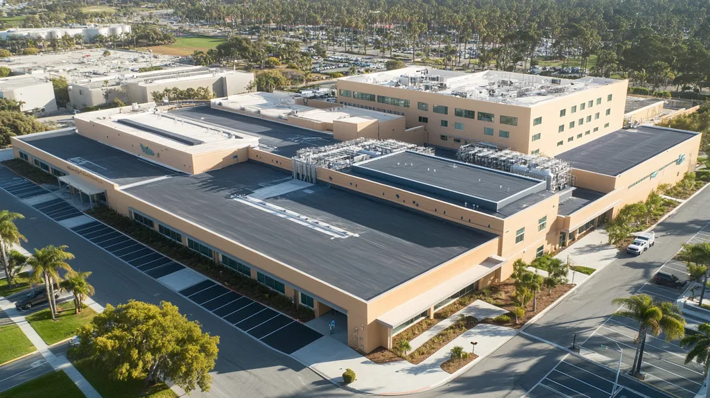 A commercial roof on a hospital in a location similar to San Diego with a color highlight aesthetic (AI image)