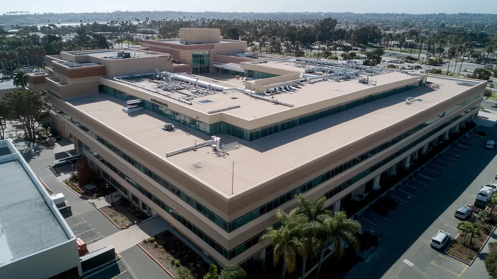 A commercial roof on a hospital in a location similar to San Diego with a color highlight aesthetic (AI image)