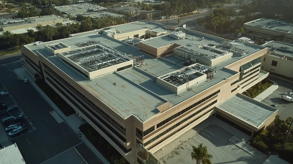 A commercial roof on a hospital in a location similar to San Diego with a color highlight aesthetic (AI image)