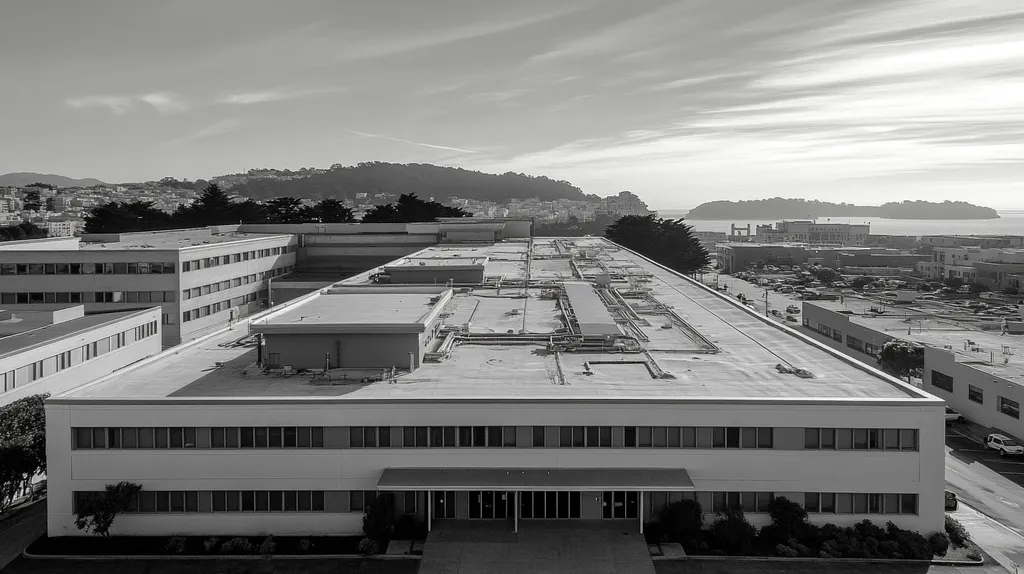 A commercial roof on a hospital in a location similar to San Francisco with a black and white photography aesthetic (AI image)