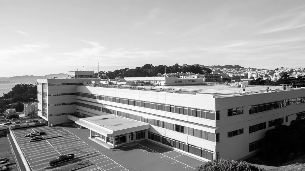 A commercial roof on a hospital in a location similar to San Francisco with a black and white photography aesthetic (AI image)