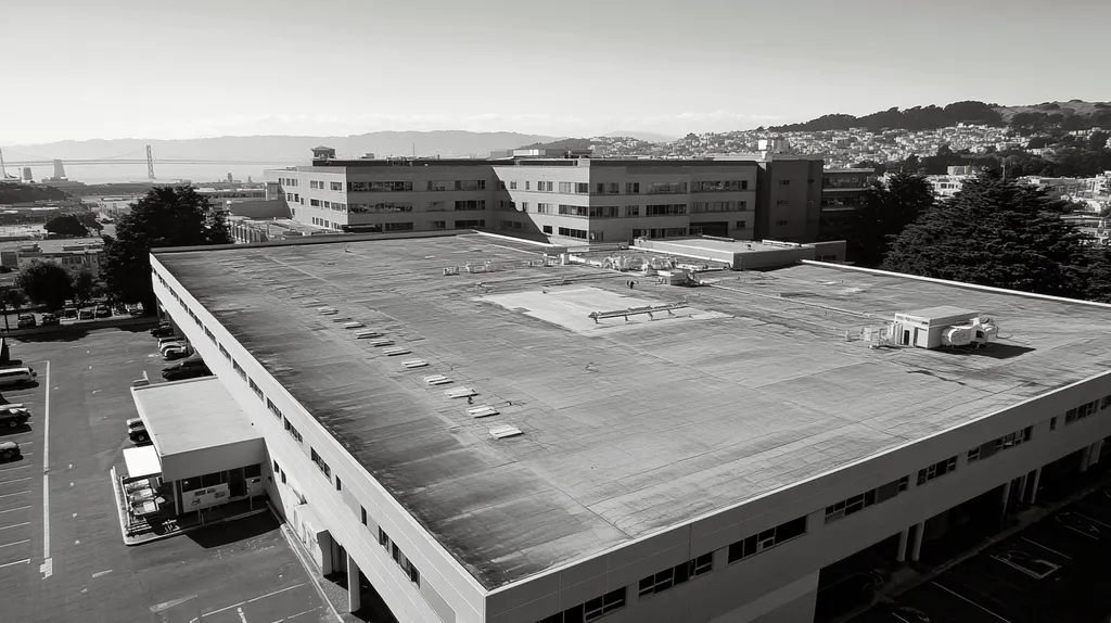 A commercial roof on a hospital in a location similar to San Francisco with a black and white photography aesthetic (AI image)