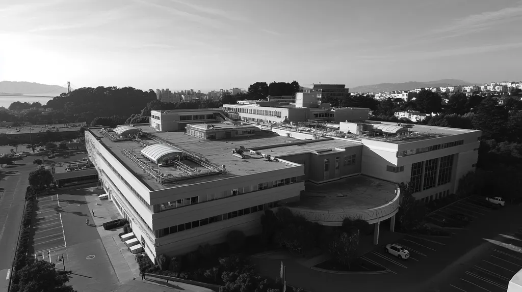 A commercial roof on a hospital in a location similar to San Francisco with a black and white photography aesthetic (AI image)