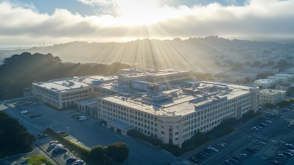 A commercial roof on a hospital in a location similar to San Francisco with a light beams aesthetic (AI image)