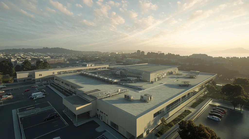 A commercial roof on a hospital in a location similar to San Francisco with a light beams aesthetic (AI image)