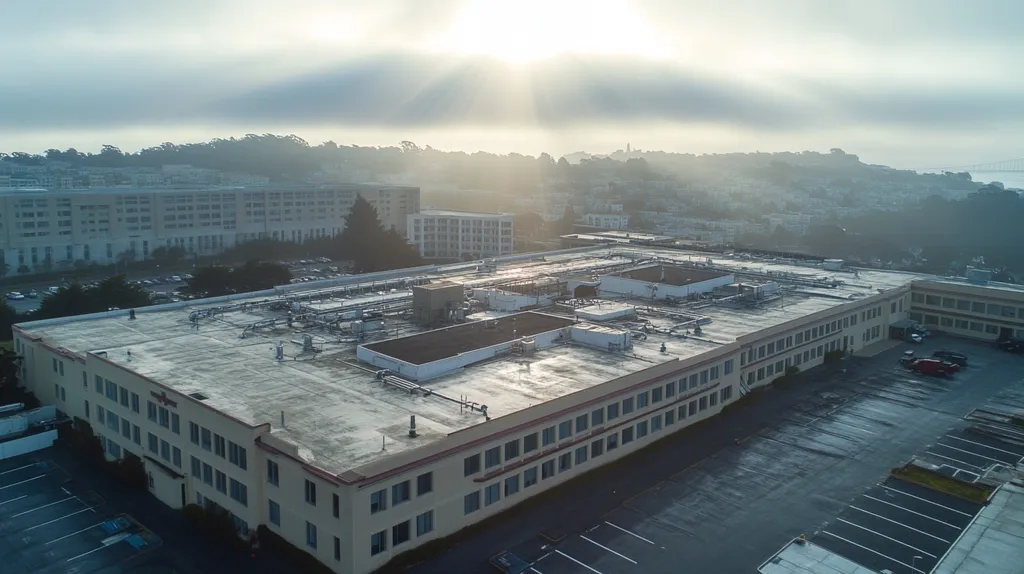 A commercial roof on a hospital in a location similar to San Francisco with a light beams aesthetic (AI image)