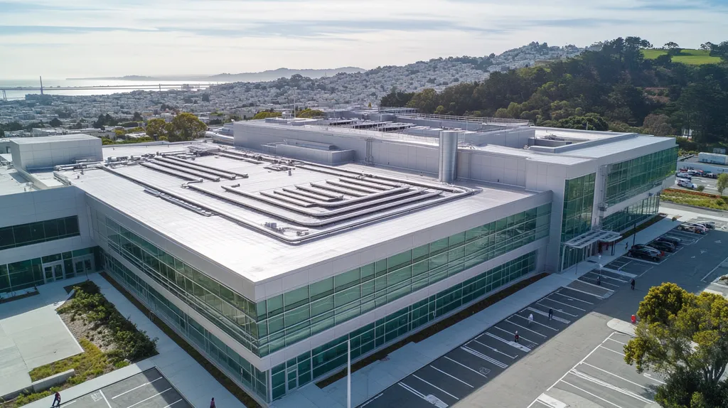A commercial roof on a hospital in a location similar to San Francisco with a stainless steel aesthetic (AI image)