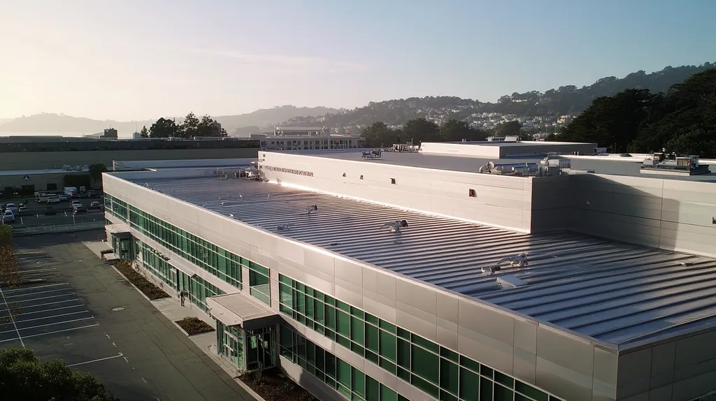 A commercial roof on a hospital in a location similar to San Francisco with a stainless steel aesthetic (AI image)