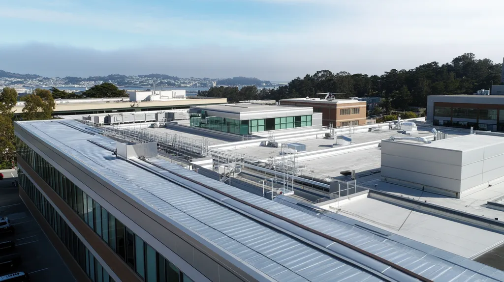 A commercial roof on a hospital in a location similar to San Francisco with a stainless steel aesthetic (AI image)