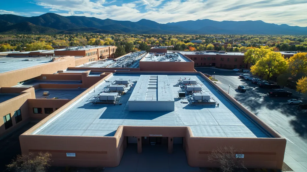 A commercial roof on a hospital in a location similar to Santa Fe with a cross-processed look aesthetic (AI image)
