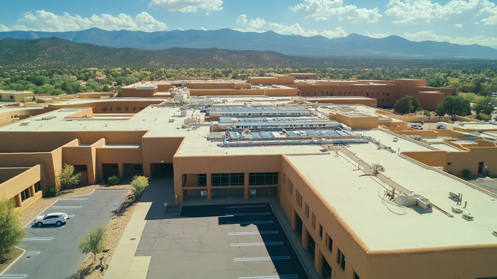 A commercial roof on a hospital in a location similar to Santa Fe with a cross-processed look aesthetic (AI image)