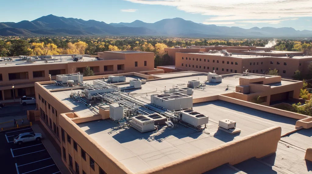 A commercial roof on a hospital in a location similar to Santa Fe with a cross-processed look aesthetic (AI image)