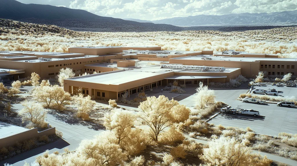A commercial roof on a hospital in a location similar to Santa Fe with an infrared photography aesthetic (AI image)