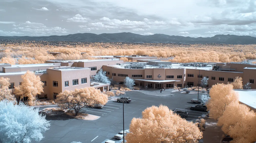 A commercial roof on a hospital in a location similar to Santa Fe with an infrared photography aesthetic (AI image)