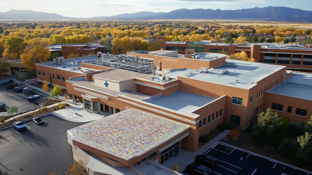A commercial roof on a hospital in a location similar to Santa Fe with a mosaic tile art aesthetic (AI image)