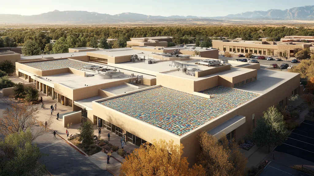 A commercial roof on a hospital in a location similar to Santa Fe with a mosaic tile art aesthetic (AI image)