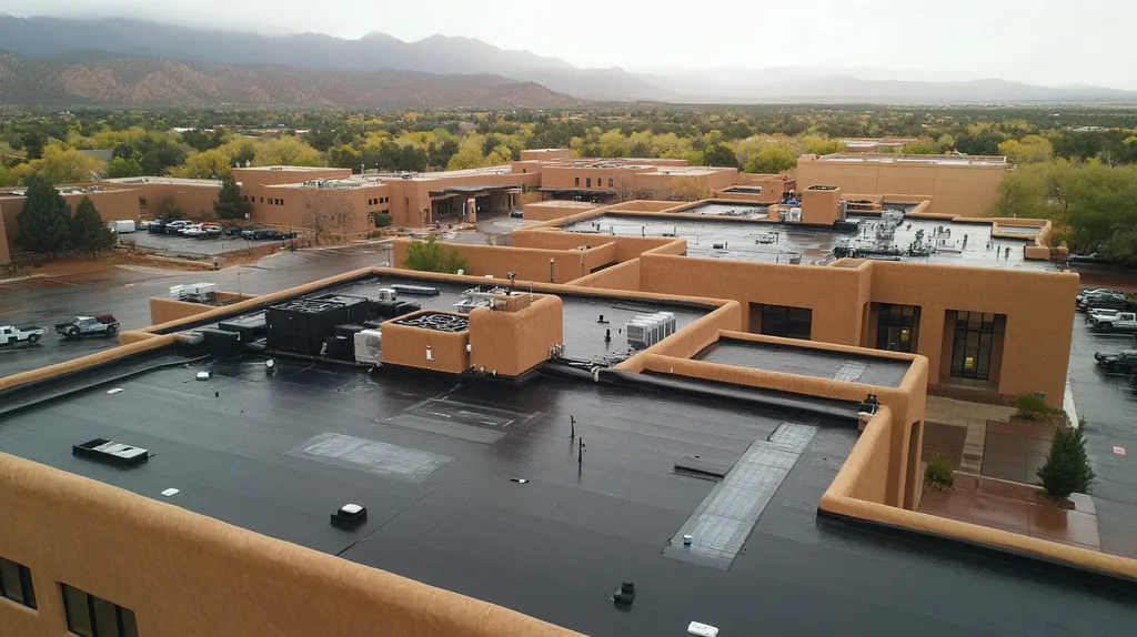 A commercial roof on a hospital in a location similar to Santa Fe with a rainy day aesthetic (AI image)