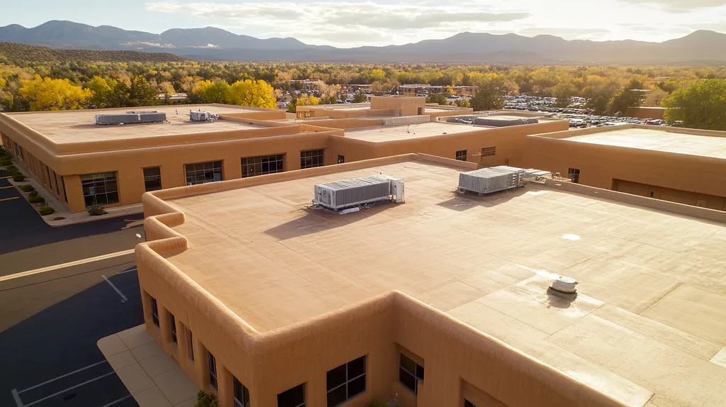 A commercial roof on a hospital in a location similar to Santa Fe with a rainy day aesthetic (AI image)