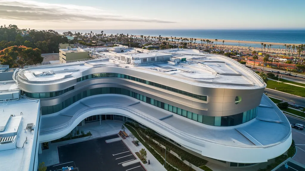 A commercial roof on a hospital in a location similar to Santa Monica with a futuristic aesthetic (AI image)