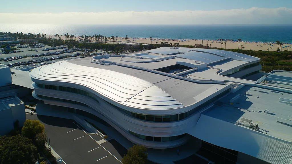 A commercial roof on a hospital in a location similar to Santa Monica with a futuristic aesthetic (AI image)