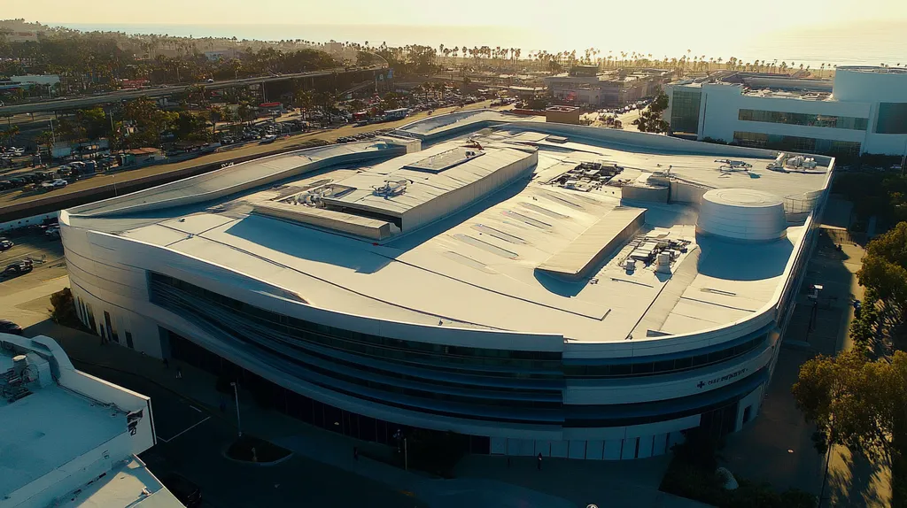 A commercial roof on a hospital in a location similar to Santa Monica with a futuristic aesthetic (AI image)