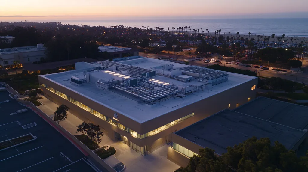 A commercial roof on a hospital in a location similar to Santa Monica with an illuminated nightscape aesthetic (AI image)
