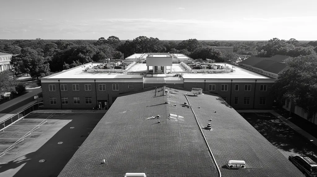 A commercial roof on a hospital in a location similar to Savannah with a black and white photography aesthetic (AI image)