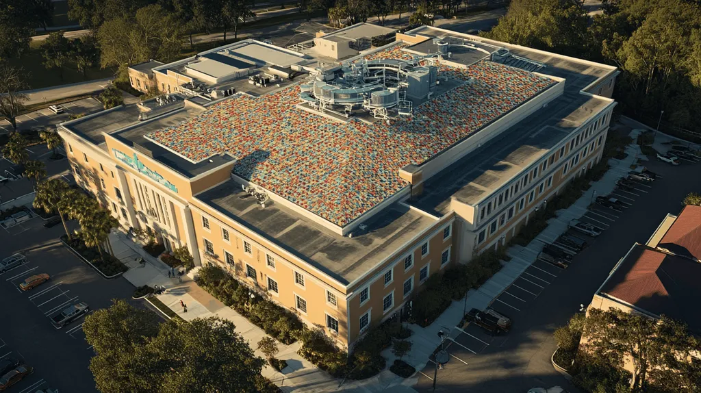A commercial roof on a hospital in a location similar to Savannah with a mosaic tile art aesthetic (AI image)