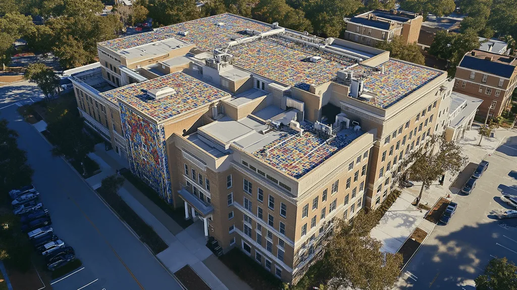 A commercial roof on a hospital in a location similar to Savannah with a mosaic tile art aesthetic (AI image)
