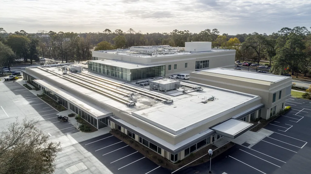 A commercial roof on a hospital in a location similar to Savannah with a rainy day aesthetic (AI image)