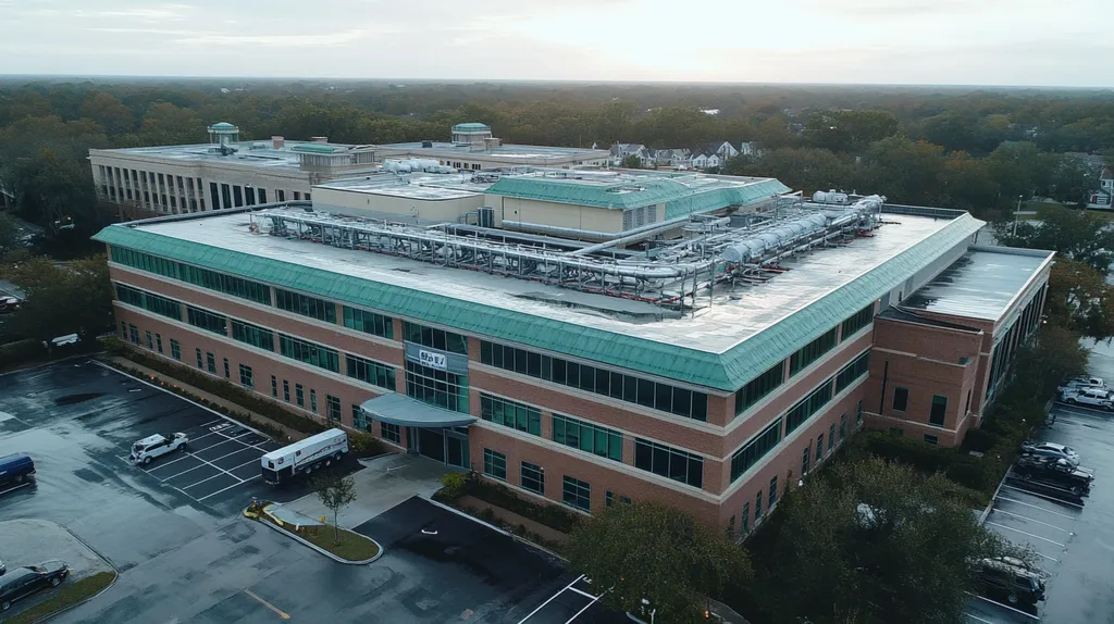 A commercial roof on a hospital in a location similar to Savannah with a rainy day aesthetic (AI image)