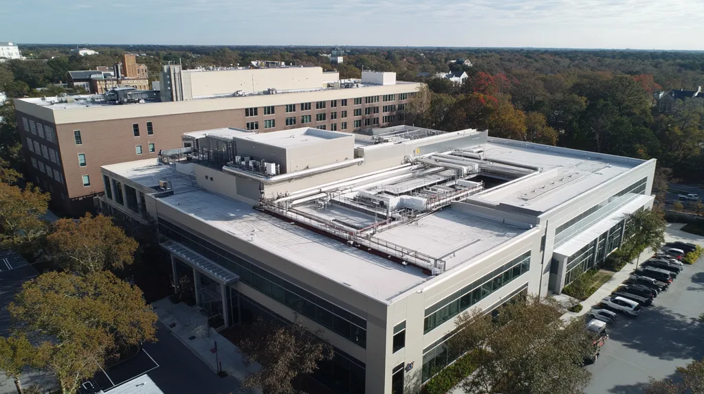 A commercial roof on a hospital in a location similar to Savannah with a stainless steel aesthetic (AI image)