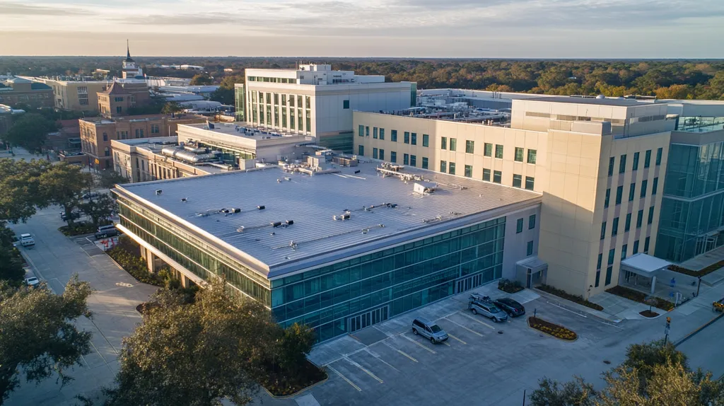 A commercial roof on a hospital in a location similar to Savannah with a stainless steel aesthetic (AI image)