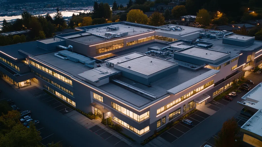 A commercial roof on a hospital in a location similar to Seattle with an illuminated nightscape aesthetic (AI image)