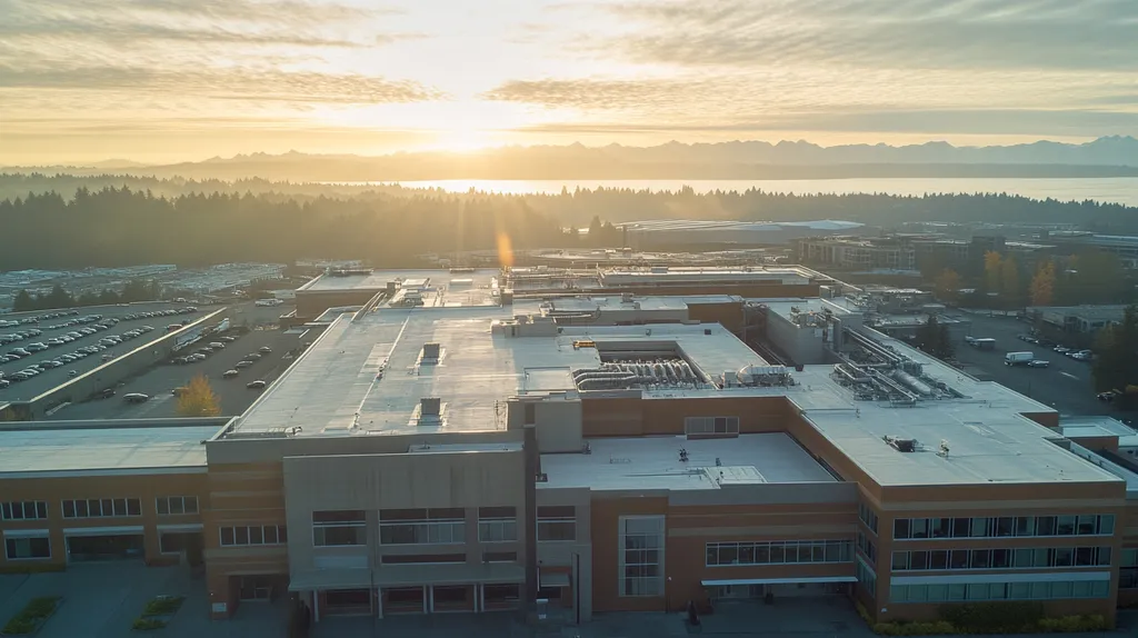A commercial roof on a hospital in a location similar to Seattle with a light beams aesthetic (AI image)
