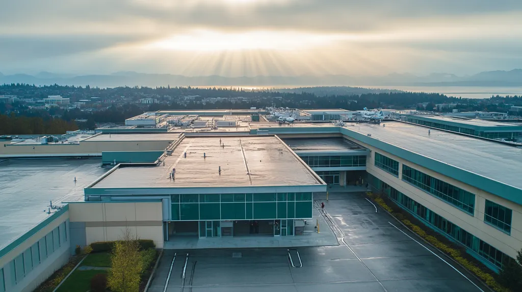 A commercial roof on a hospital in a location similar to Seattle with a light beams aesthetic (AI image)