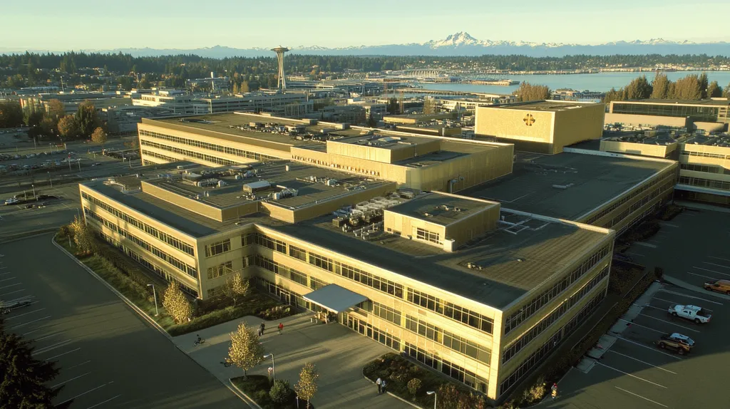 A commercial roof on a hospital in a location similar to Seattle with a solid gold aesthetic (AI image)