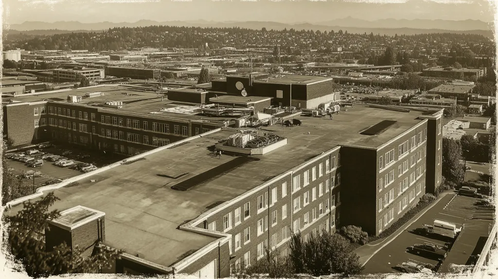 A commercial roof on a hospital in a location similar to Seattle with a tintype aesthetic (AI image)