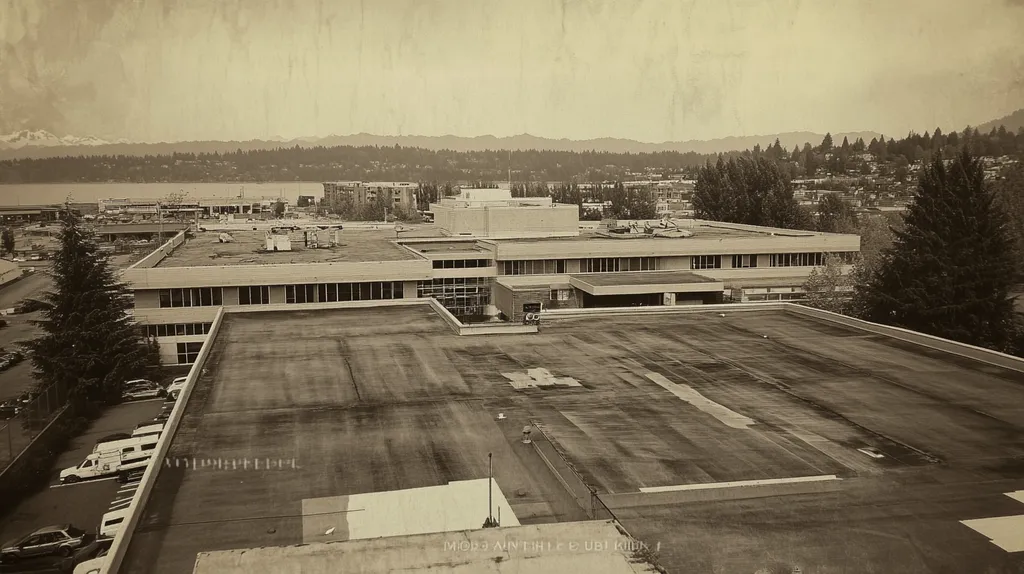 A commercial roof on a hospital in a location similar to Seattle with a tintype aesthetic (AI image)